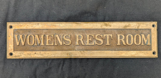 12"x3" Antique Vintage Old SOLID Bronze Brass "WOMENS REST ROOM" Bathroom Door Plate Plaque Sign Salvaged Reclaimed