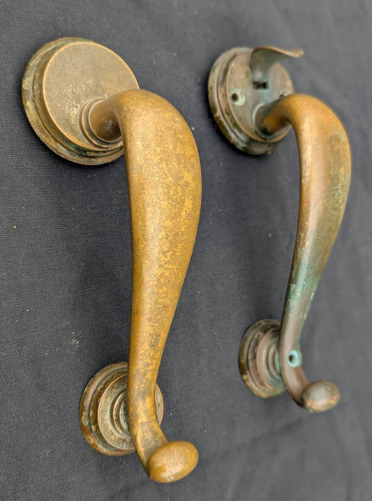HEAVY! Pair 9" Antique Vintage Old Reclaimed Salvaged SOLID Cast Bronze Entry Exterior Door Handles Pulls