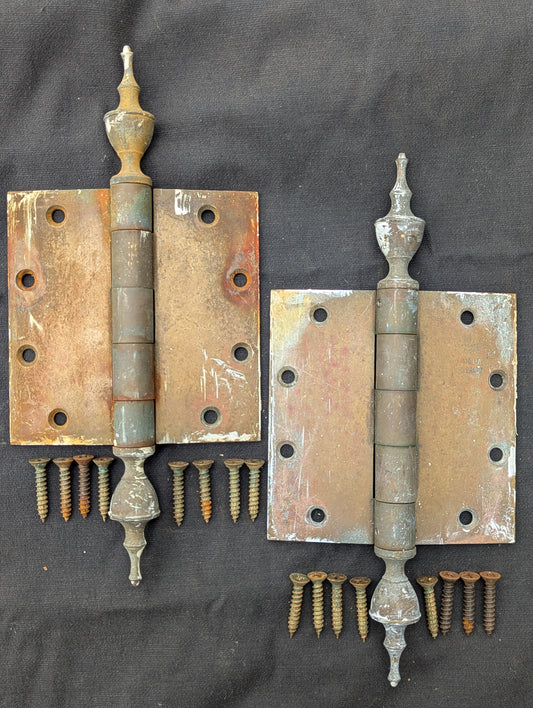 Pair Set 5"x5" Vintage Old "Lawrence" SOLID Brass Exterior Entry Door Ball Bearing Architectural Hinges Steeple Tip Finial Screws Reclaimed Salvaged