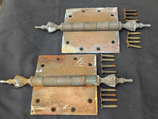 Pair Set 5"x5" Vintage Old "Lawrence" SOLID Brass Exterior Entry Door Ball Bearing Architectural Hinges Steeple Tip Finial Screws Reclaimed Salvaged