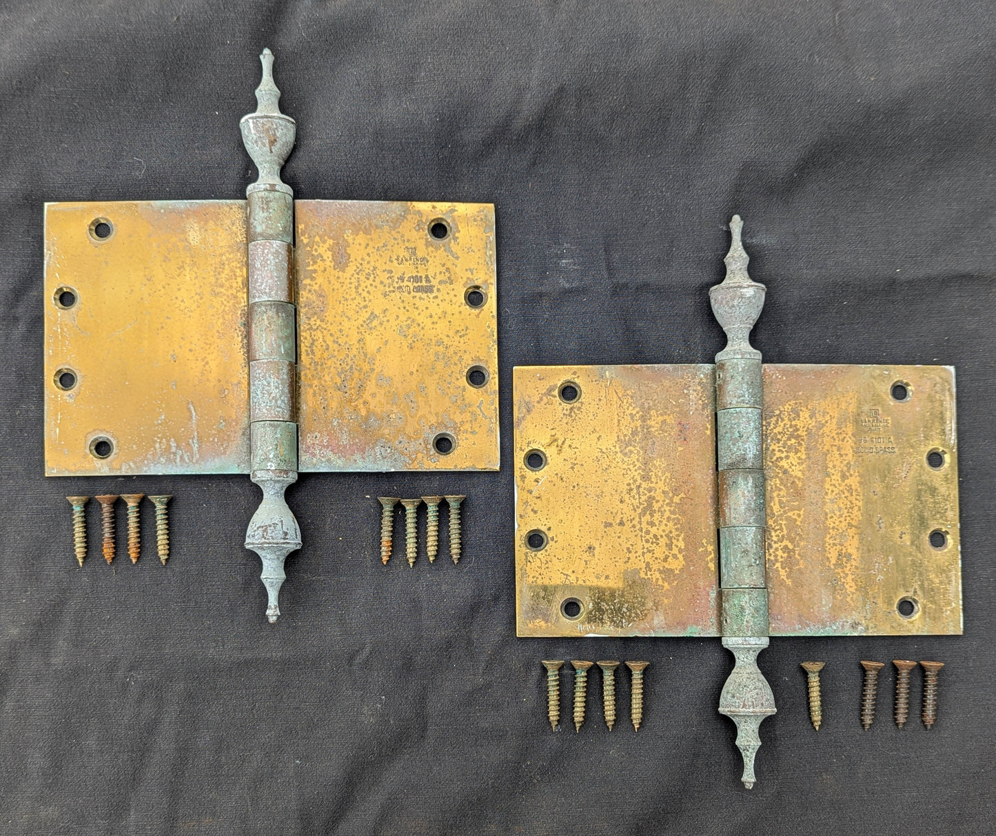 3 available Pair Set 8"x5" Vintage Old "Lawrence" SOLID Brass Exterior Entry Door Ball Bearing Architectural Hinges Steeple Tip Finial Screws Reclaimed Salvaged (Copy)