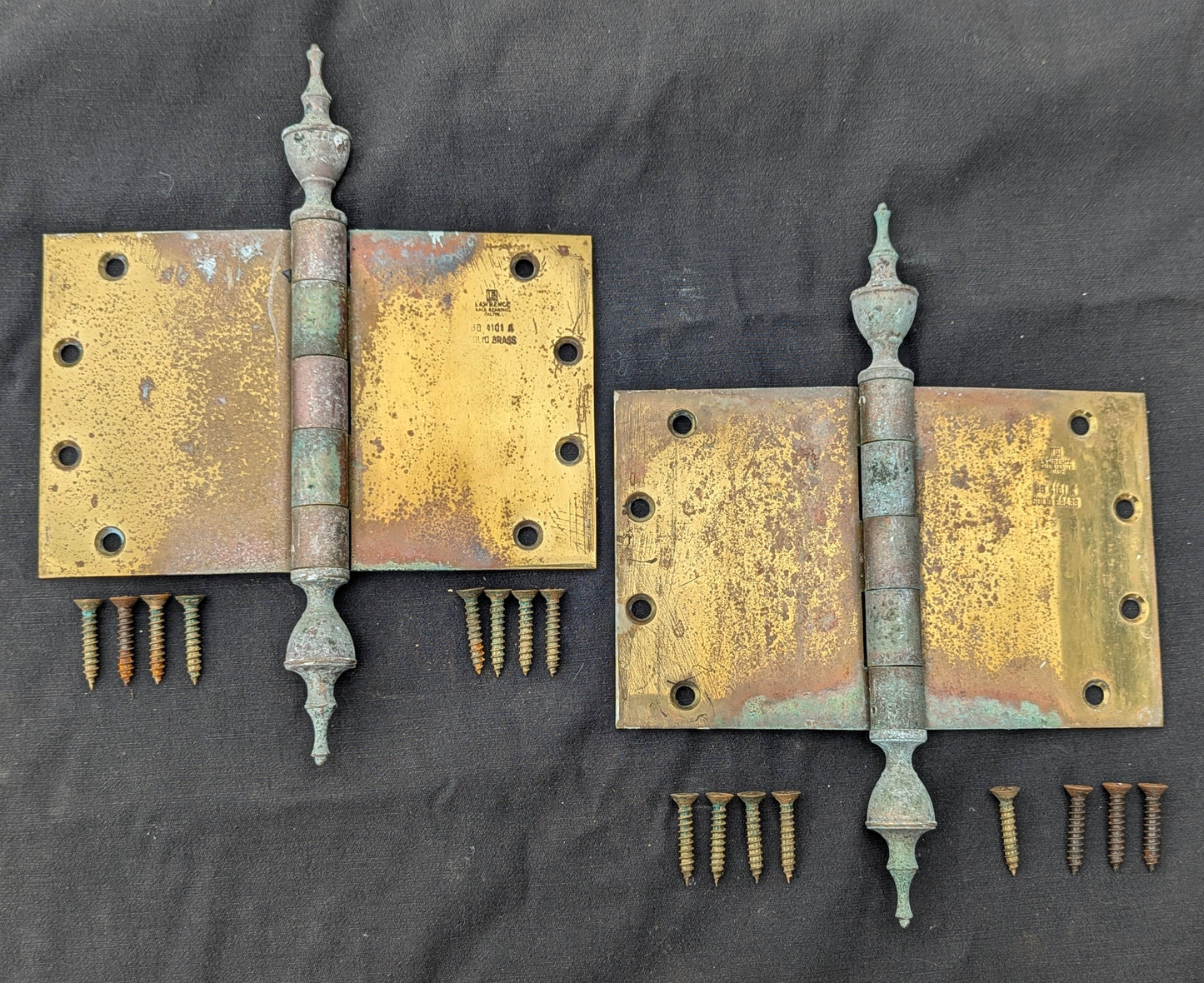 3 available Pair Set 8"x5" Vintage Old "Lawrence" SOLID Brass Exterior Entry Door Ball Bearing Architectural Hinges Steeple Tip Finial Screws Reclaimed Salvaged (Copy)