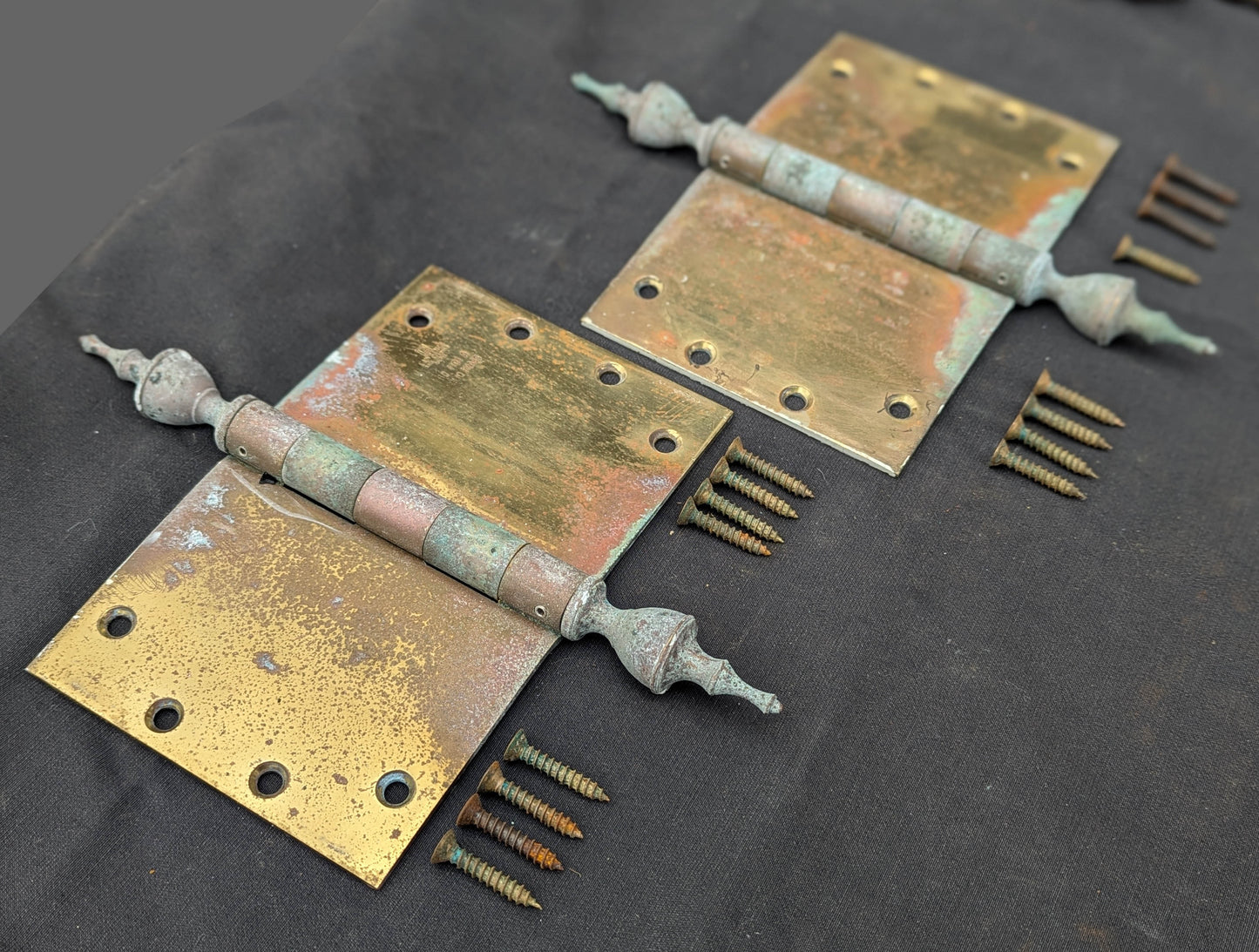 3 available Pair Set 8"x5" Vintage Old "Lawrence" SOLID Brass Exterior Entry Door Ball Bearing Architectural Hinges Steeple Tip Finial Screws Reclaimed Salvaged (Copy)