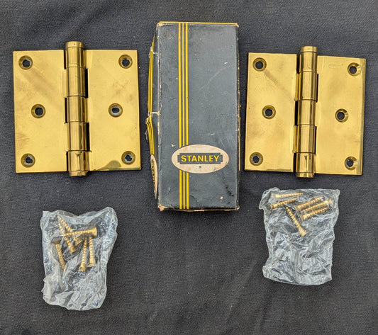Pair 3.5"x3.5" NOS Vintage Old "Stanley" Brass Interior Door Hinges Screws NIB