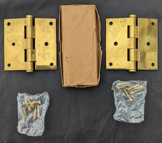 Pair 3.5"x3.5" NOS Vintage Old "Stanley" Brass Interior Door Hinges Screws NIB
