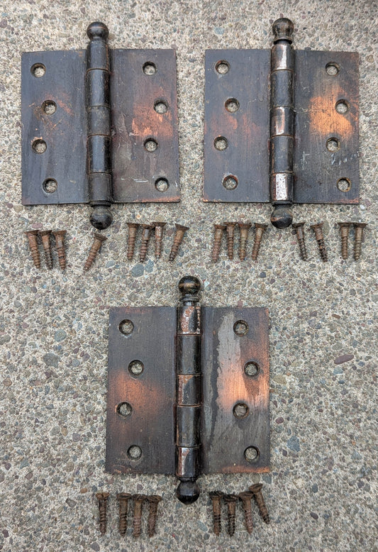 3pc Set 4"x4" Antique Vintage Old Reclaimed Salvaged Steel Bronze Copper Ball Tip Finial Exterior Entry Door Hinges Screws