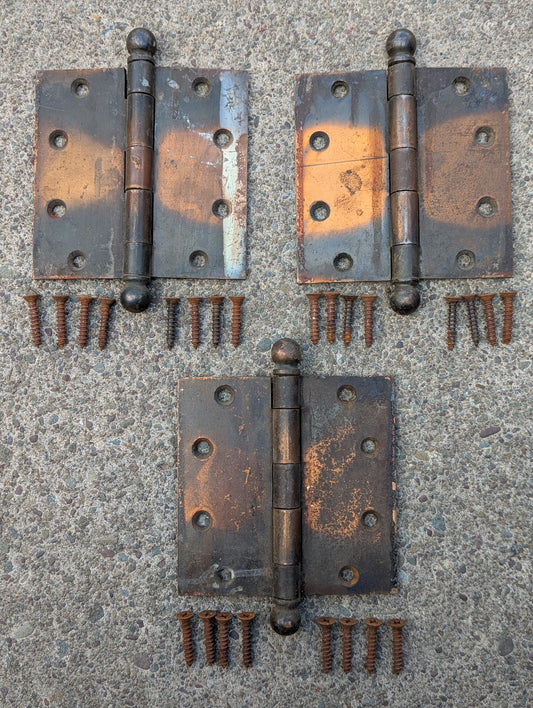 3pc Set 5"x5" Antique Vintage Old Reclaimed Salvaged Steel Bronze Copper Ball Tip Finial Exterior Entry Door Hinges Screws (Copy)