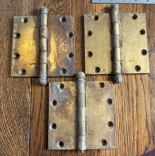 1/4" THICK 5"x5" Antique Vintage Old SOLID Brass Exterior Entry Door Hinges Ball Tip Salvaged Reclaimed