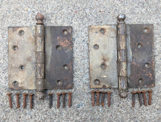 Pair of 5"x5" Antique Vintage Old Reclaimed Salvaged Steel Bronze Copper Ball Tip Finial Exterior Entry Door Hinges Screws