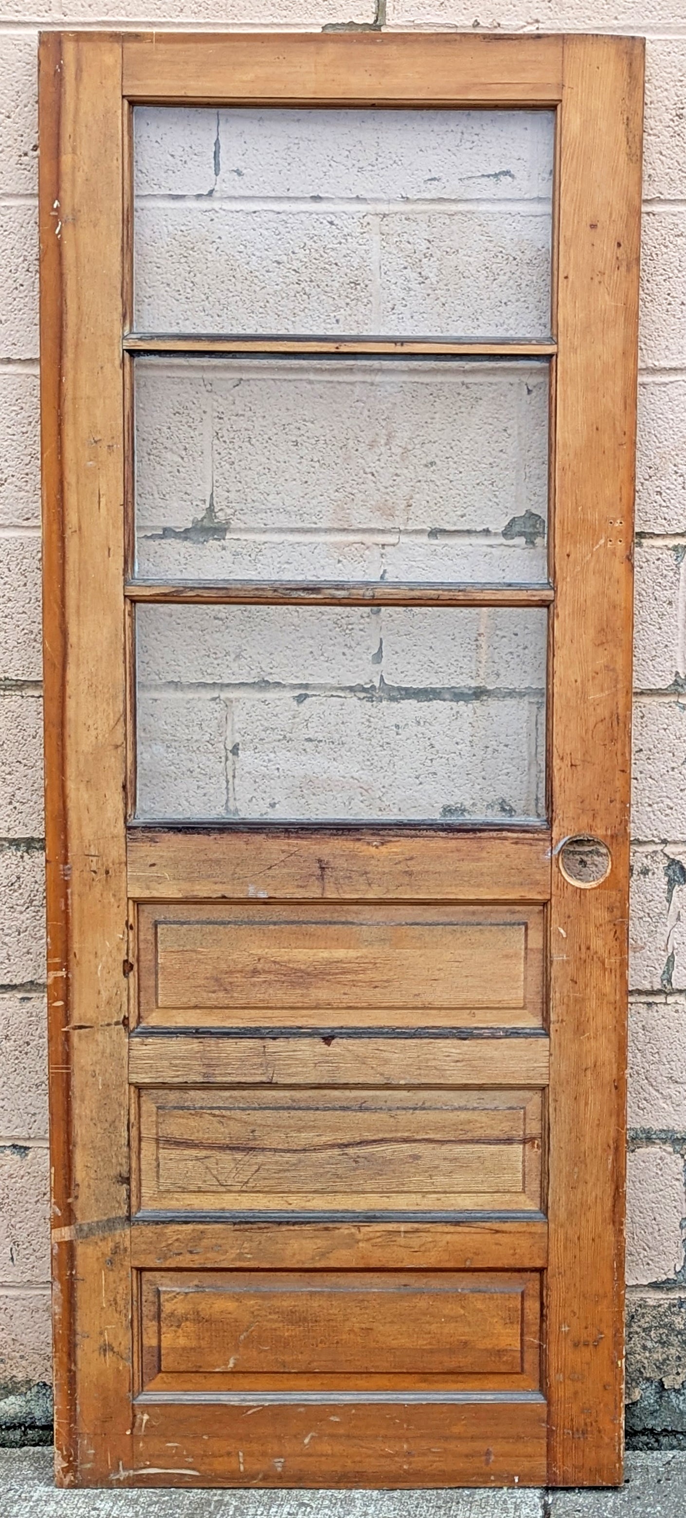30"x75" Antique Vintage Old Reclaimed Salvaged SOLID Wood Wooden Entry Entrance Front Back Side Door 3 Windows Tempered Glass Raised Panels