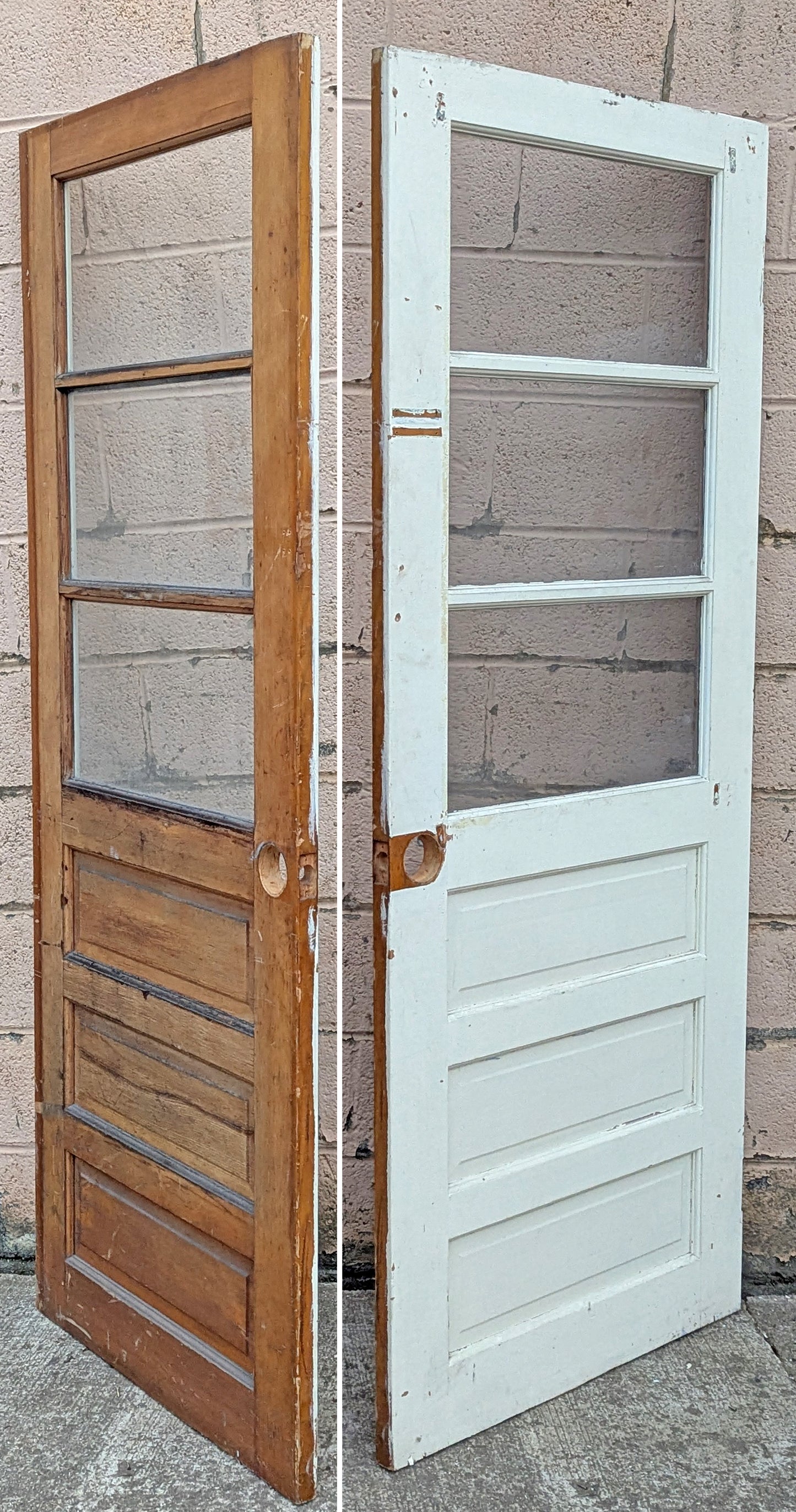 30"x75" Antique Vintage Old Reclaimed Salvaged SOLID Wood Wooden Entry Entrance Front Back Side Door 3 Windows Tempered Glass Raised Panels