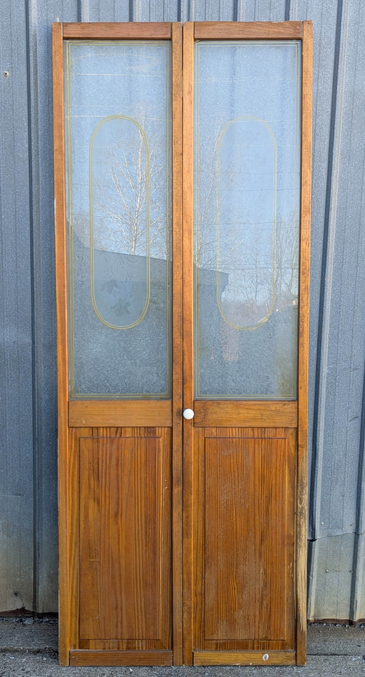 30"x75.5" Pair of Vintage Antique Old Mid Century Solid Wood Wooden Interior Closet Pantry Doors Bi-Fold Bifold Stained Etched Frosted Glass