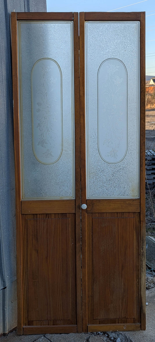 30"x75.5" Pair of Vintage Antique Old Mid Century Solid Wood Wooden Interior Closet Pantry Doors Bi-Fold Bifold Stained Etched Frosted Glass