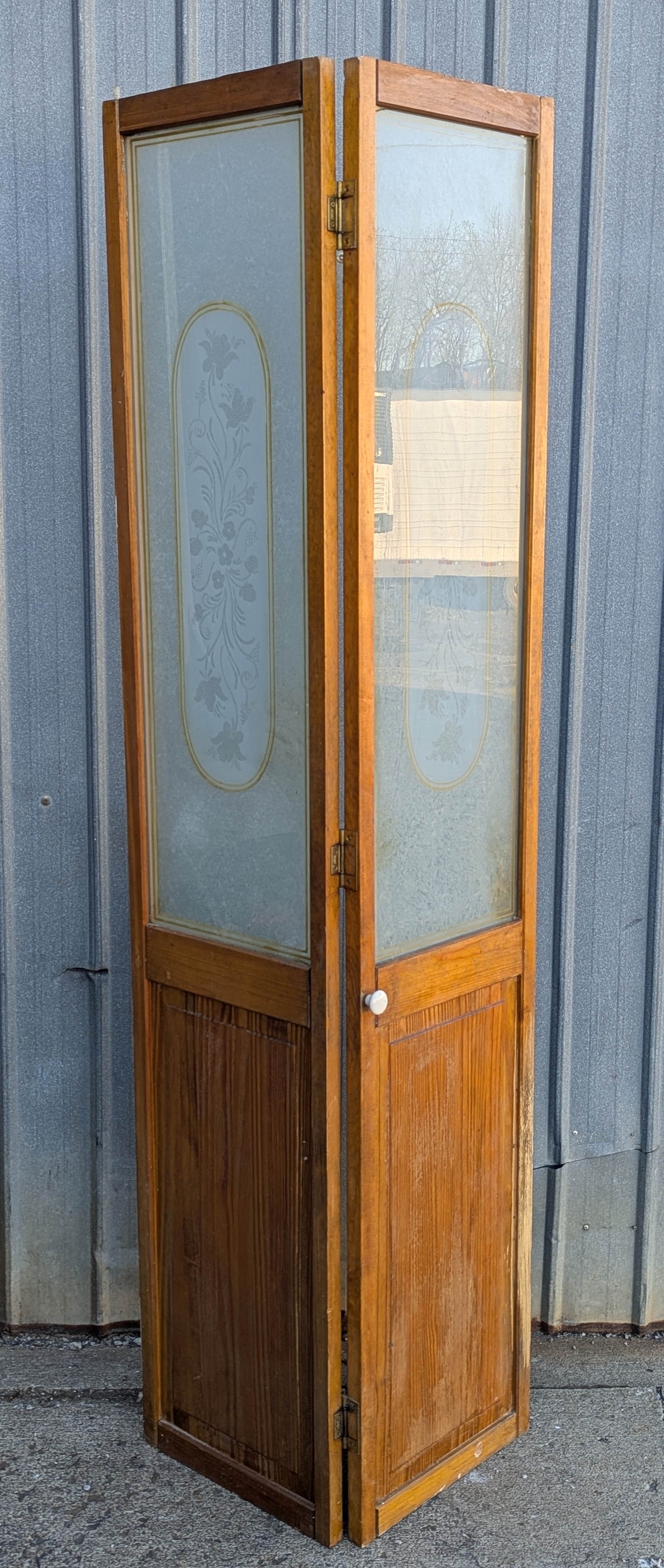 30"x75.5" Pair of Vintage Antique Old Mid Century Solid Wood Wooden Interior Closet Pantry Doors Bi-Fold Bifold Stained Etched Frosted Glass