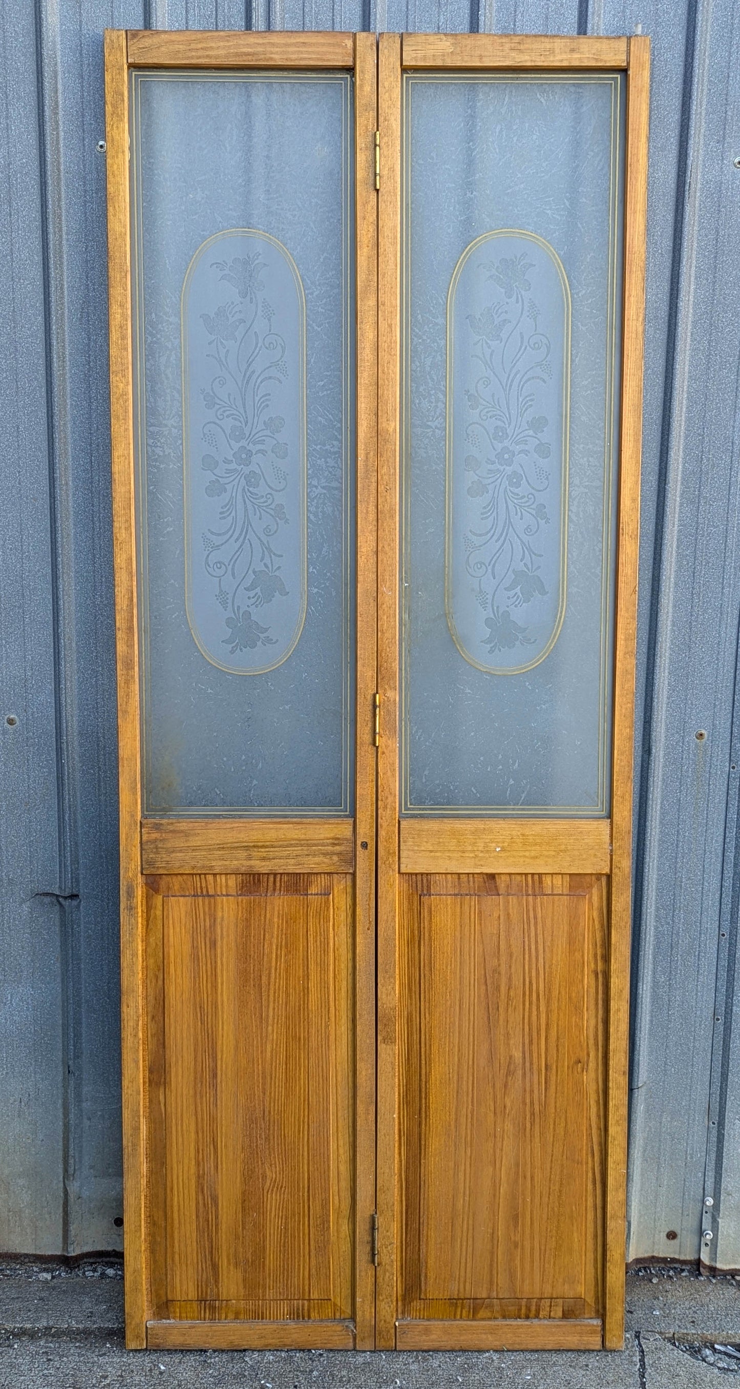 30"x75.5" Pair of Vintage Antique Old Mid Century Solid Wood Wooden Interior Closet Pantry Doors Bi-Fold Bifold Stained Etched Frosted Glass
