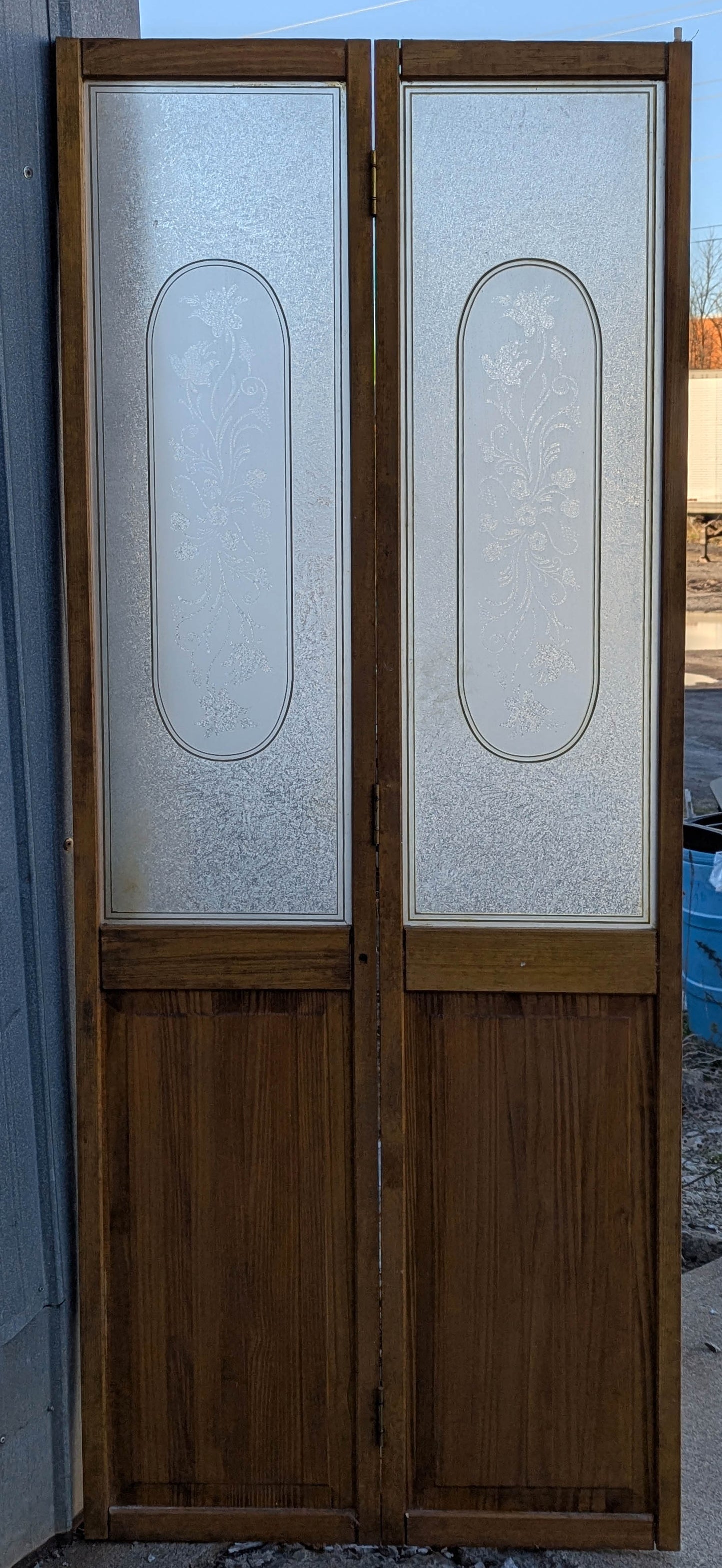 30"x75.5" Pair of Vintage Antique Old Mid Century Solid Wood Wooden Interior Closet Pantry Doors Bi-Fold Bifold Stained Etched Frosted Glass