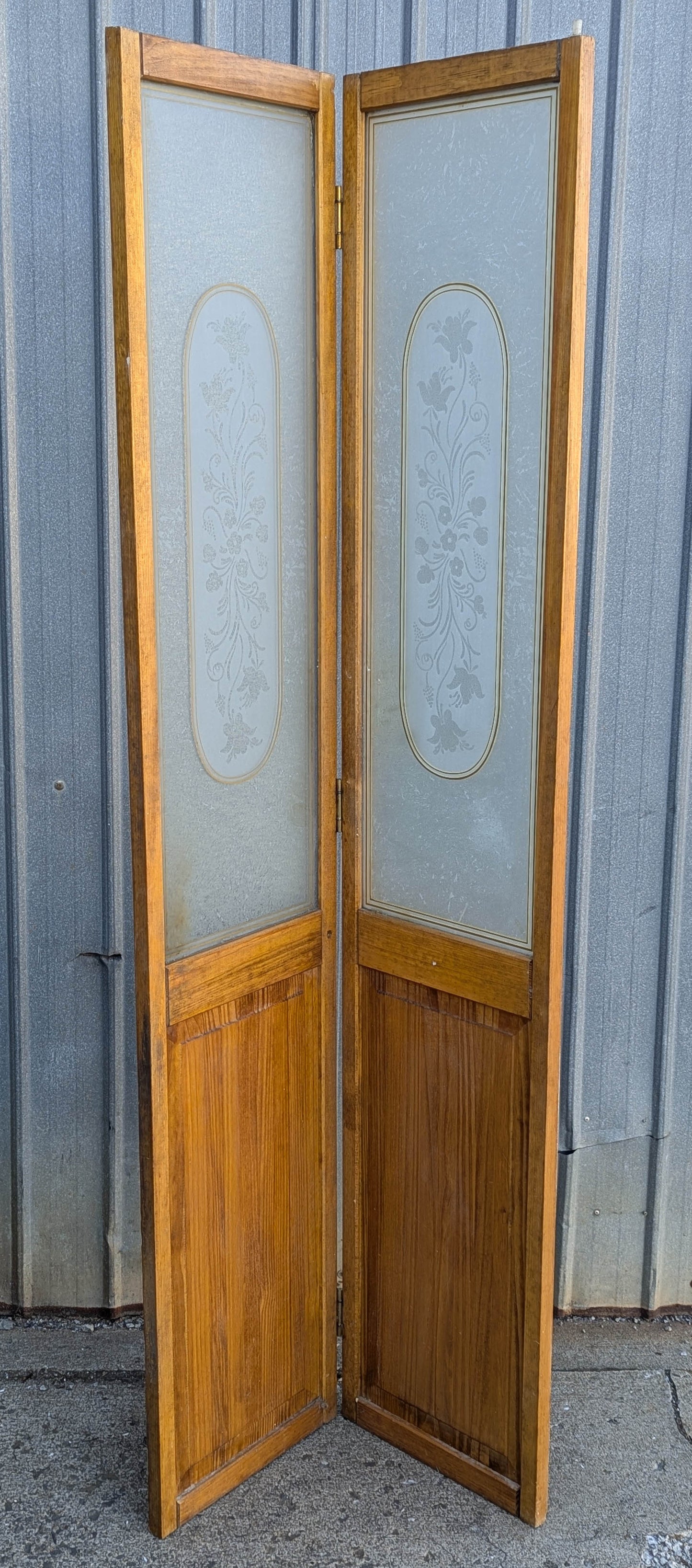 30"x75.5" Pair of Vintage Antique Old Mid Century Solid Wood Wooden Interior Closet Pantry Doors Bi-Fold Bifold Stained Etched Frosted Glass