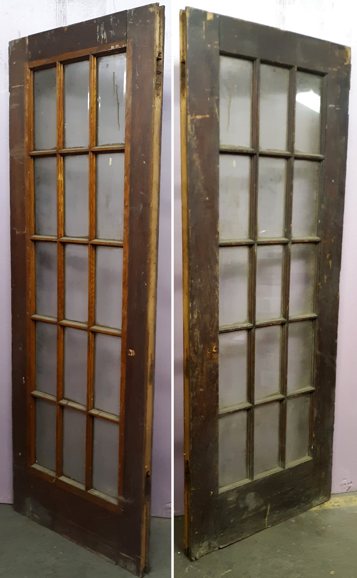 30"x83"x1.75" Antique Vintage Old Reclaimed Salvaged Wooden Exterior French Door Window Beveled Glass