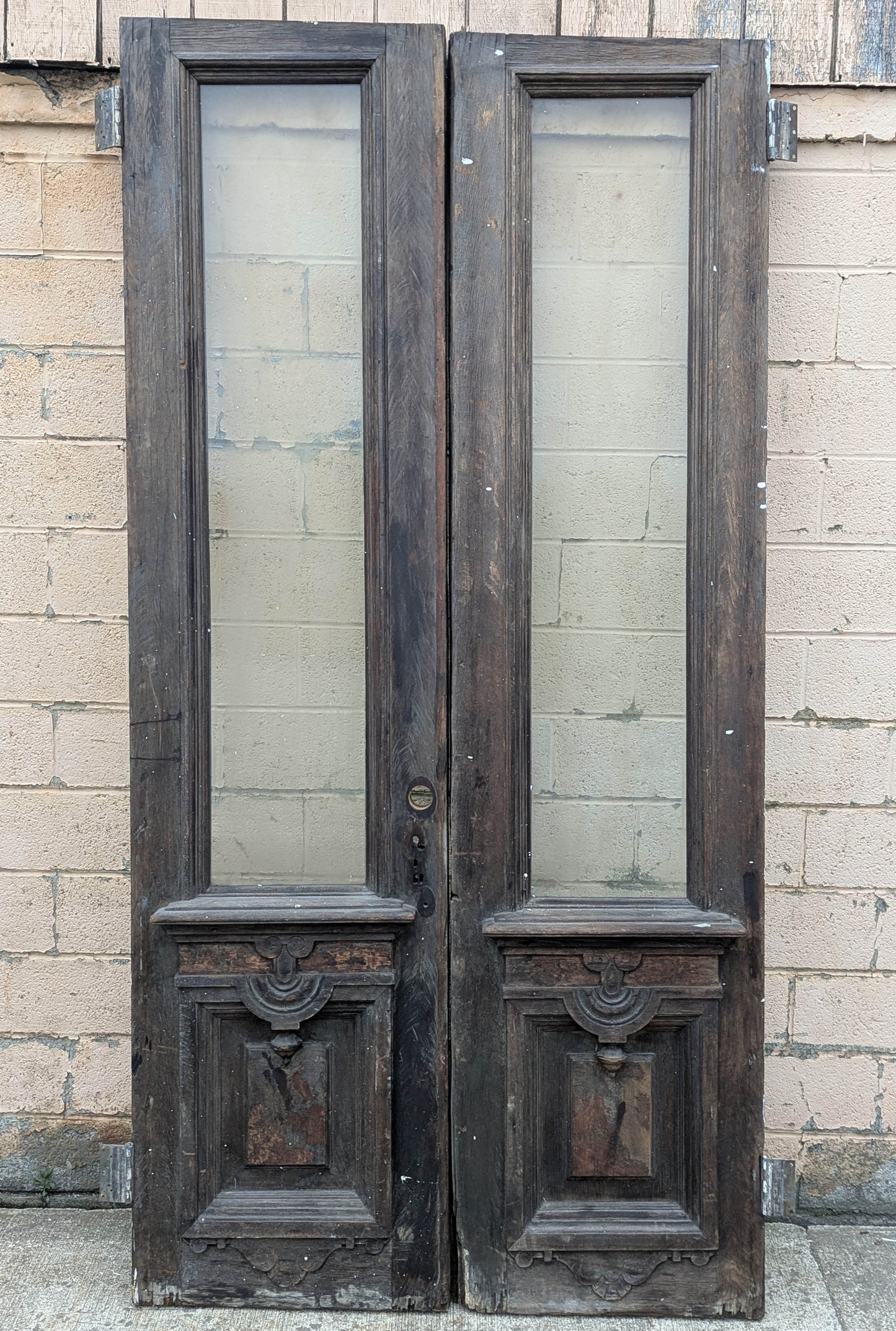 Pair of 55.5"x112"x2.5" Antique Vintage Old Reclaimed Salvaged SOLID Wood Wooden Victorian Eastlake Exterior Entry Doors Lite Window Glass Carvings Carved Panels