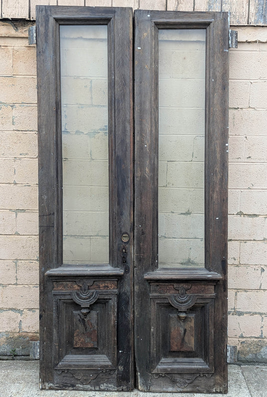 Pair of 55.5"x112"x2.5" Antique Vintage Old Reclaimed Salvaged SOLID Wood Wooden Victorian Eastlake Exterior Entry Doors Lite Window Glass Carvings Carved Panels