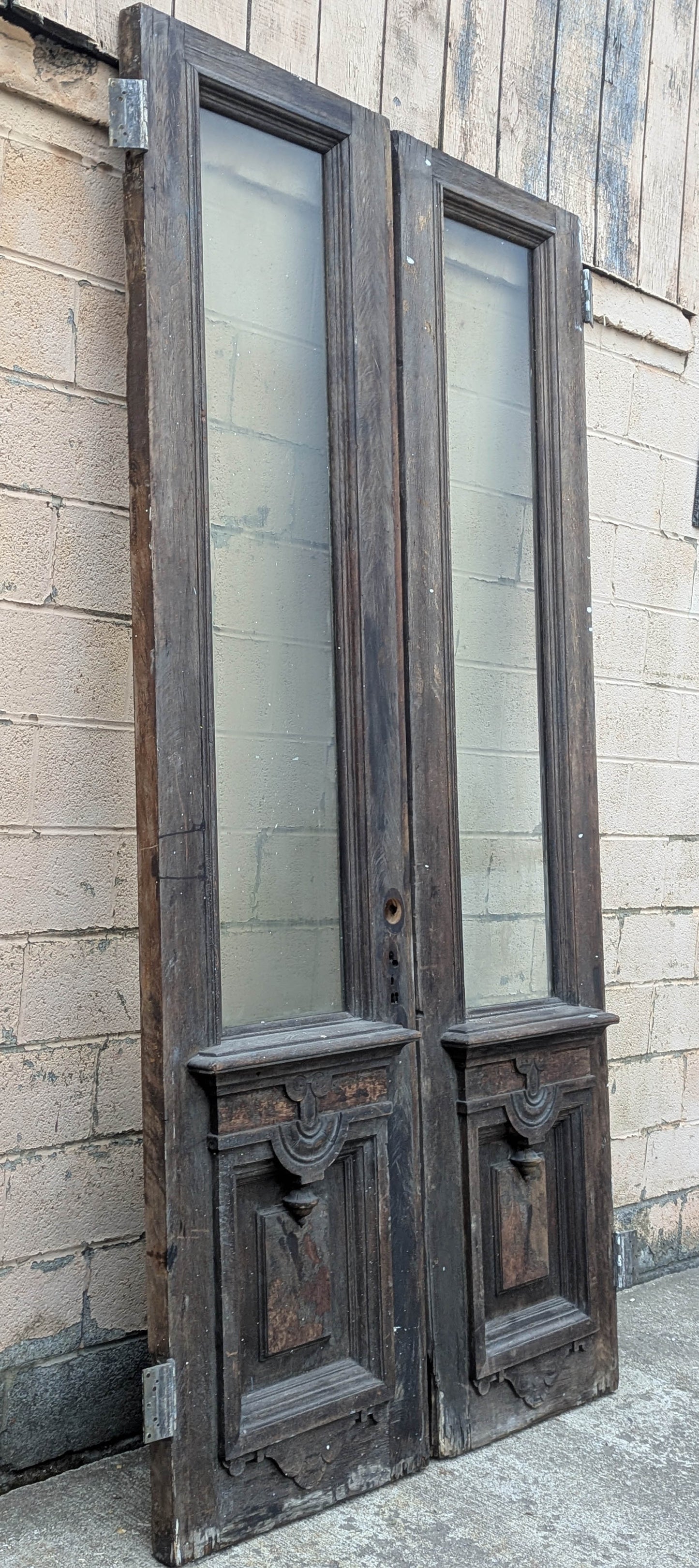 Pair of 55.5"x112"x2.5" Antique Vintage Old Reclaimed Salvaged SOLID Wood Wooden Victorian Eastlake Exterior Entry Doors Lite Window Glass Carvings Carved Panels