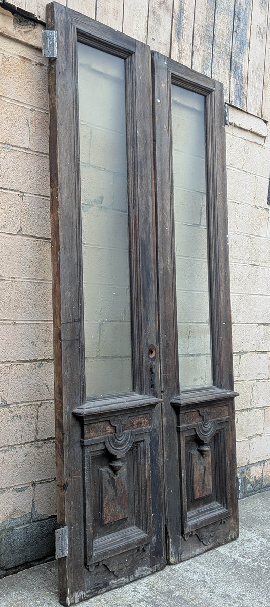 Pair of 55.5"x112"x2.5" Antique Vintage Old Reclaimed Salvaged SOLID Wood Wooden Victorian Eastlake Exterior Entry Doors Lite Window Glass Carvings Carved Panels