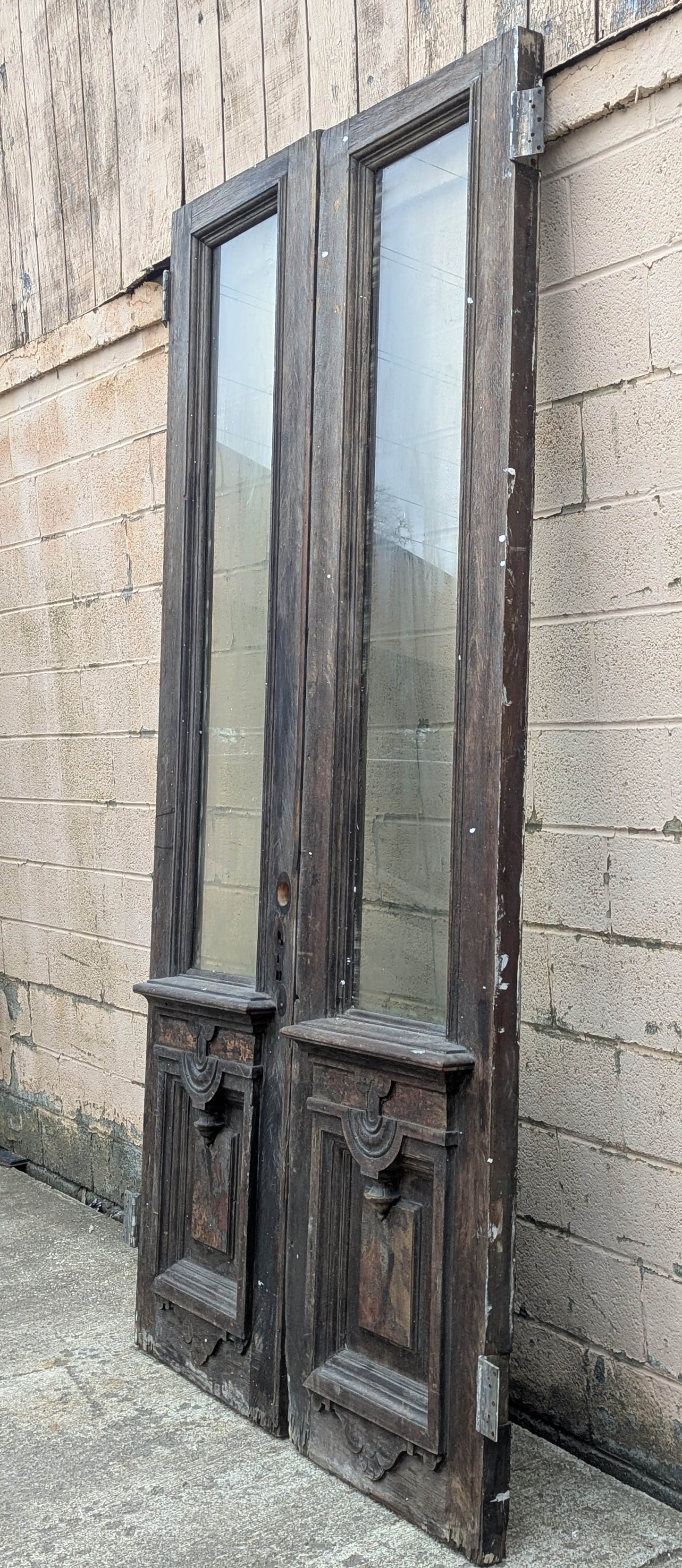 Pair of 55.5"x112"x2.5" Antique Vintage Old Reclaimed Salvaged SOLID Wood Wooden Victorian Eastlake Exterior Entry Doors Lite Window Glass Carvings Carved Panels