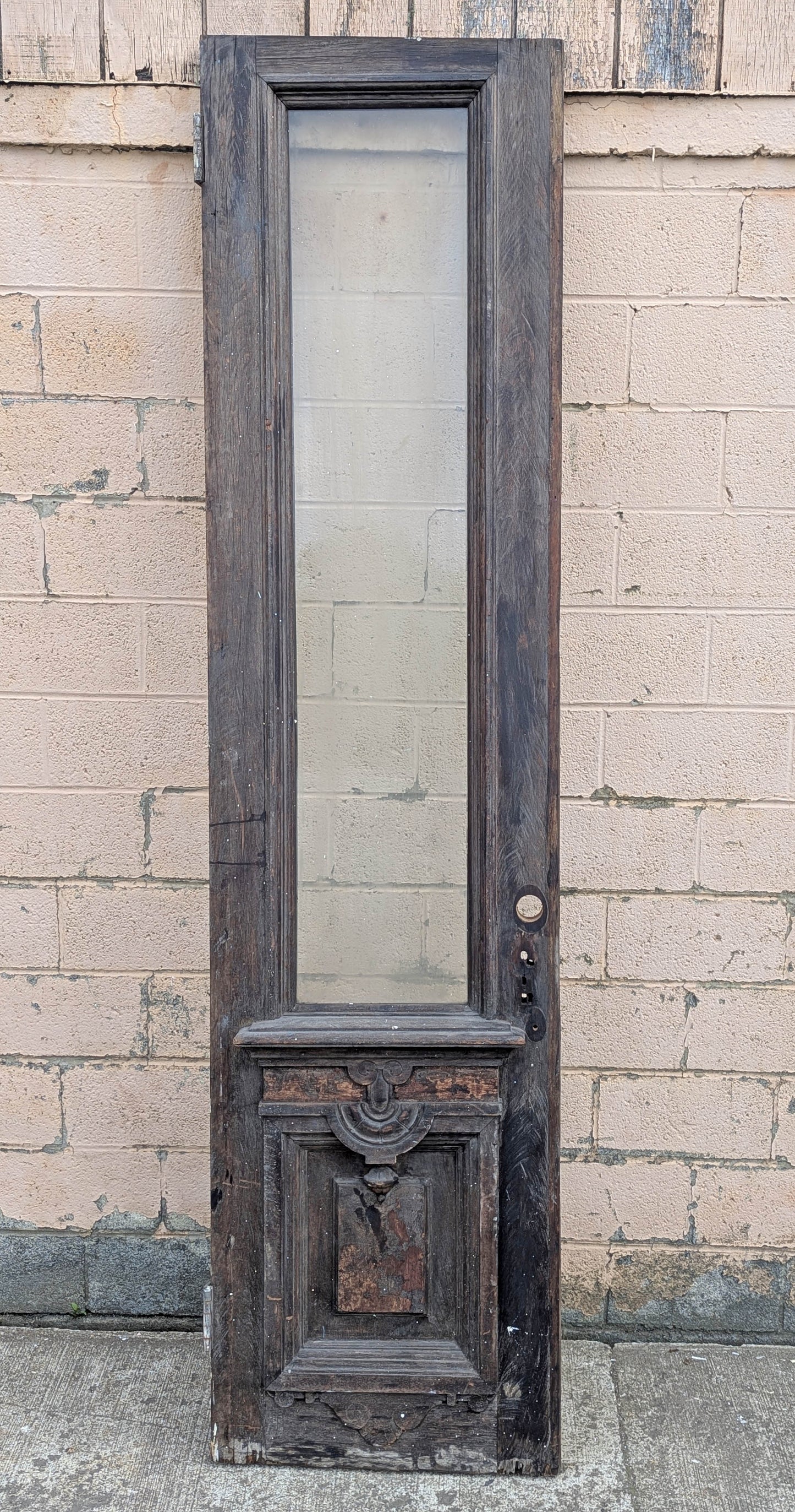 Pair of 55.5"x112"x2.5" Antique Vintage Old Reclaimed Salvaged SOLID Wood Wooden Victorian Eastlake Exterior Entry Doors Lite Window Glass Carvings Carved Panels