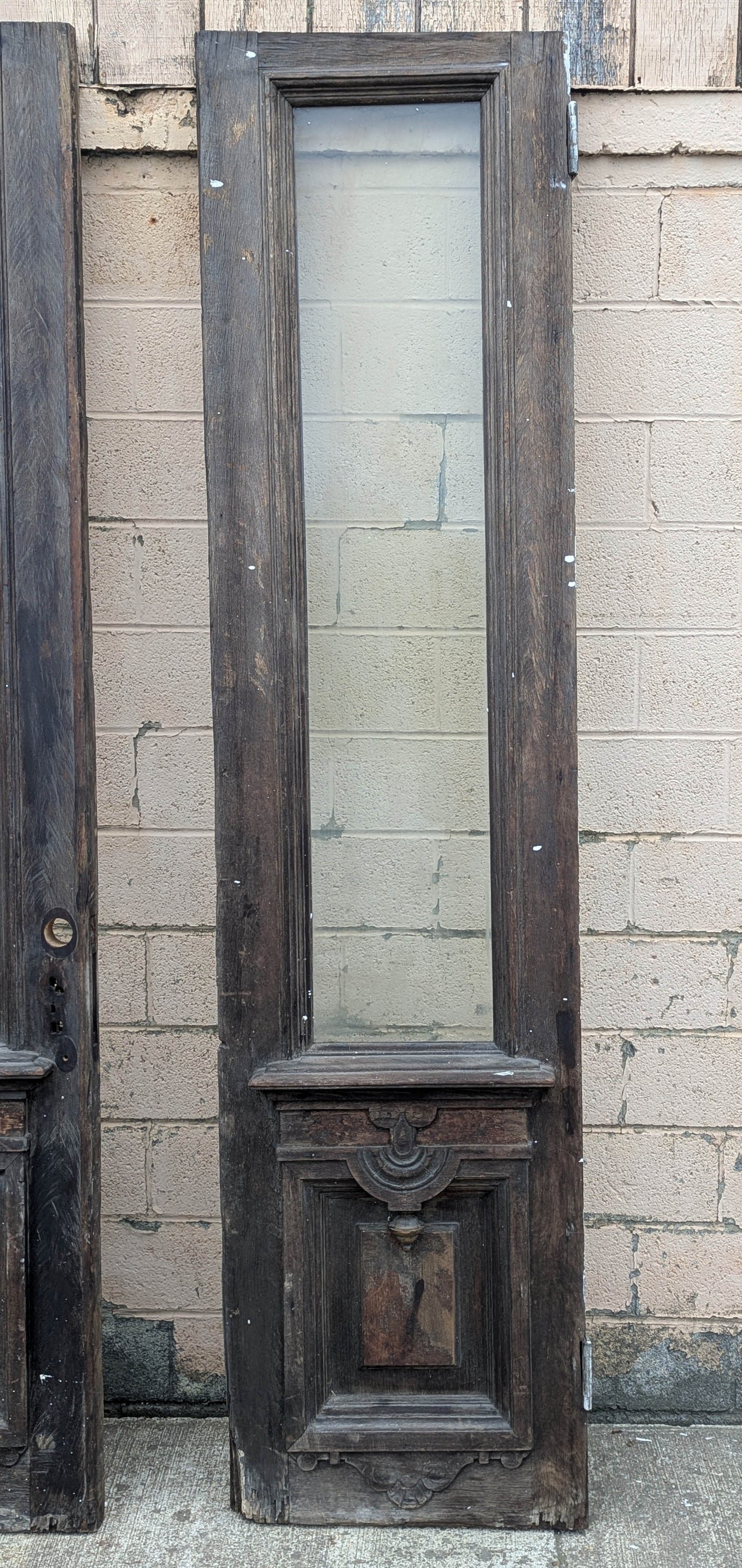 Pair of 55.5"x112"x2.5" Antique Vintage Old Reclaimed Salvaged SOLID Wood Wooden Victorian Eastlake Exterior Entry Doors Lite Window Glass Carvings Carved Panels