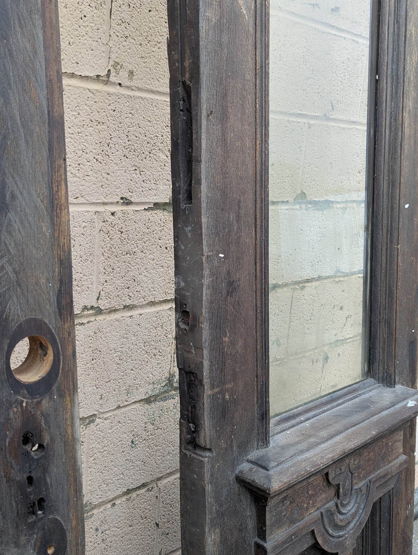 Pair of 55.5"x112"x2.5" Antique Vintage Old Reclaimed Salvaged SOLID Wood Wooden Victorian Eastlake Exterior Entry Doors Lite Window Glass Carvings Carved Panels