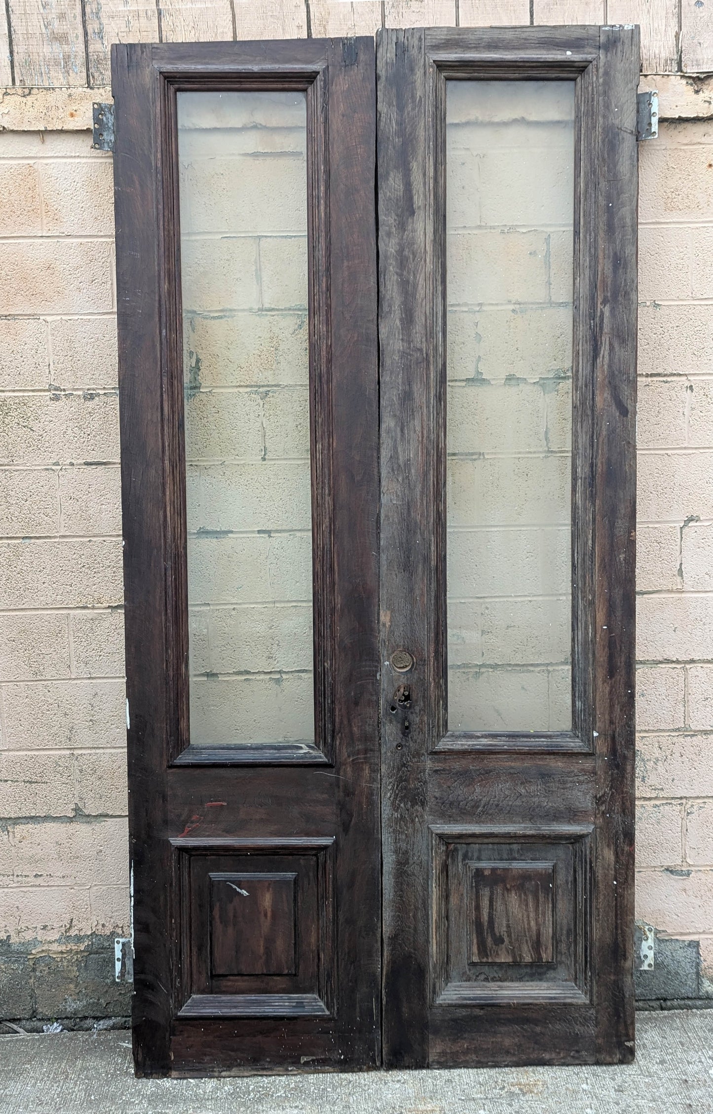 Pair of 55.5"x112"x2.5" Antique Vintage Old Reclaimed Salvaged SOLID Wood Wooden Victorian Eastlake Exterior Entry Doors Lite Window Glass Carvings Carved Panels