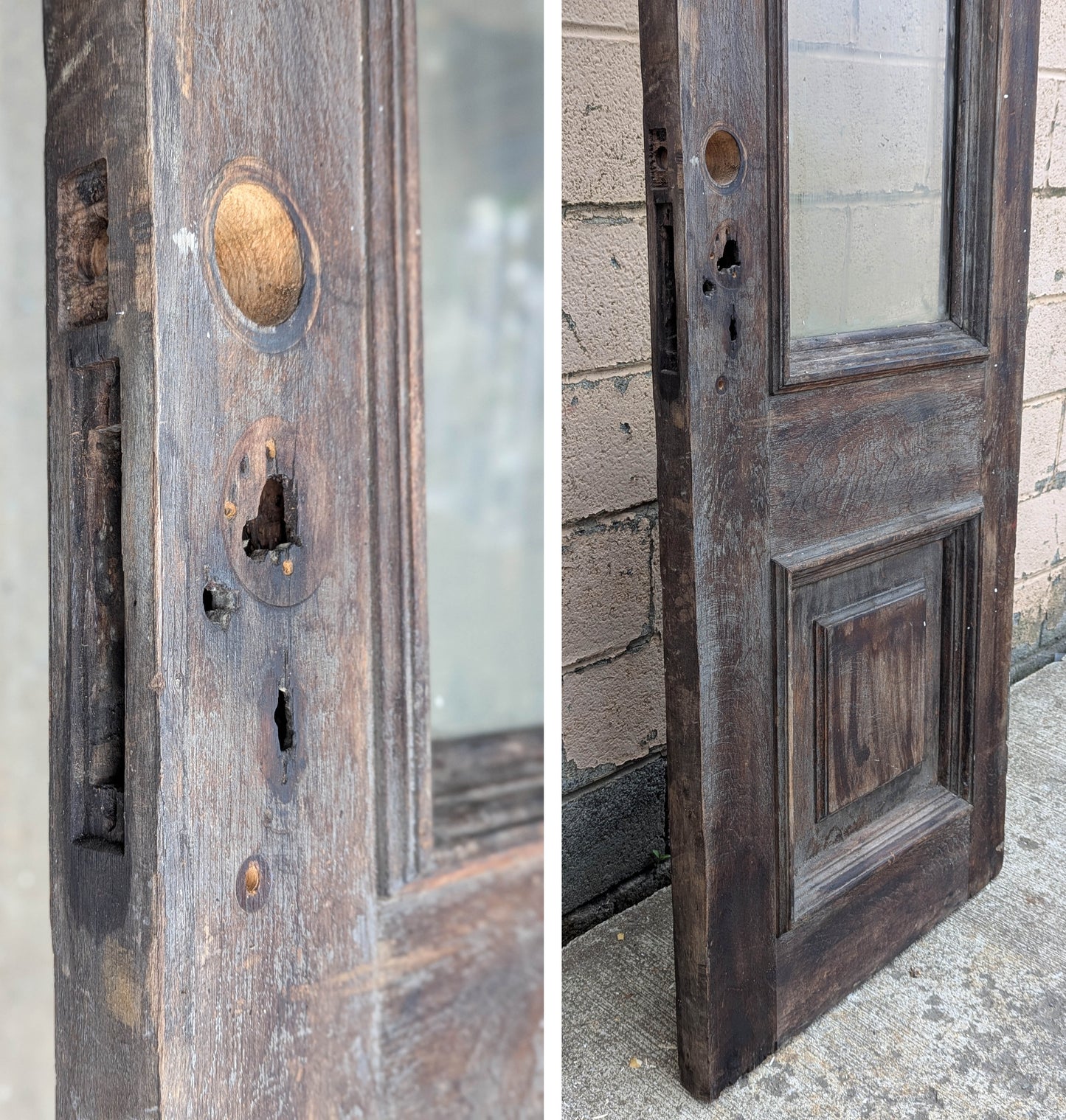 Pair of 55.5"x112"x2.5" Antique Vintage Old Reclaimed Salvaged SOLID Wood Wooden Victorian Eastlake Exterior Entry Doors Lite Window Glass Carvings Carved Panels