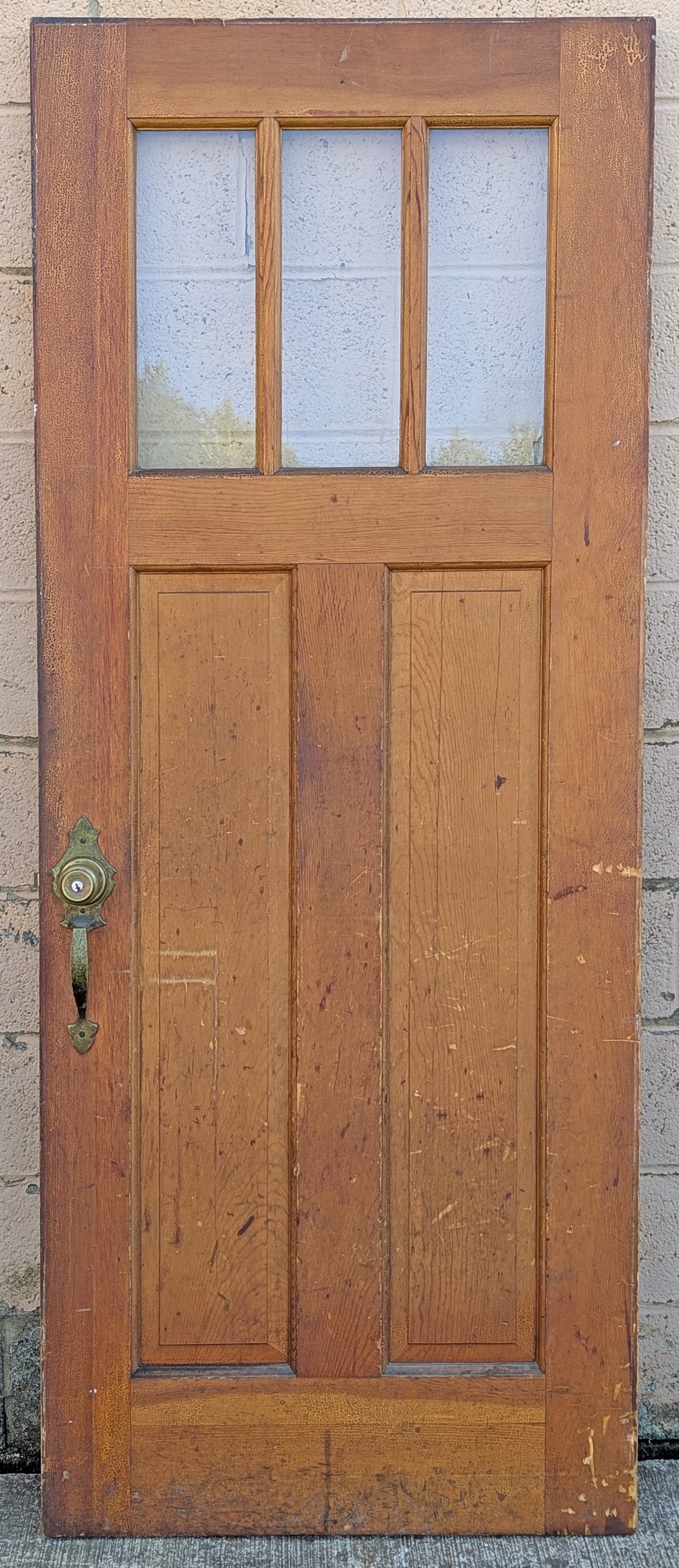 32"x79"x1.75" Vintage Antique Old Reclaimed Salvaged SOLID Wood Wooden Exterior Front Entry French Door 3 Windows Glass 2 Raised Panels