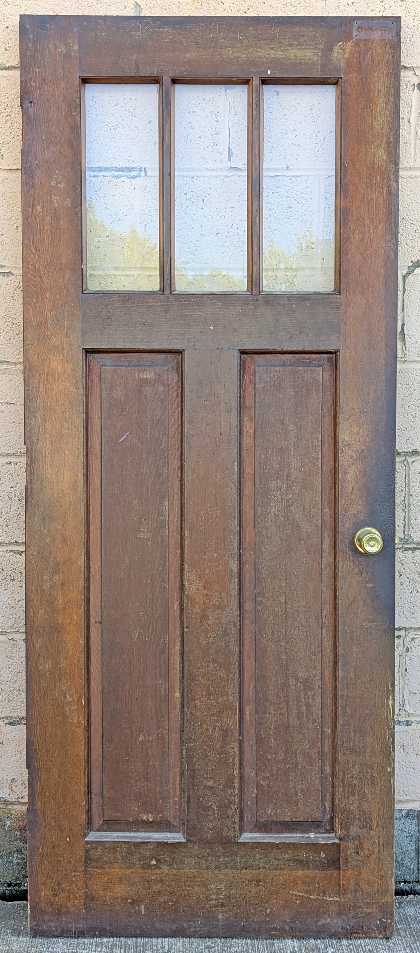 32"x79"x1.75" Vintage Antique Old Reclaimed Salvaged SOLID Wood Wooden Exterior Front Entry French Door 3 Windows Glass 2 Raised Panels