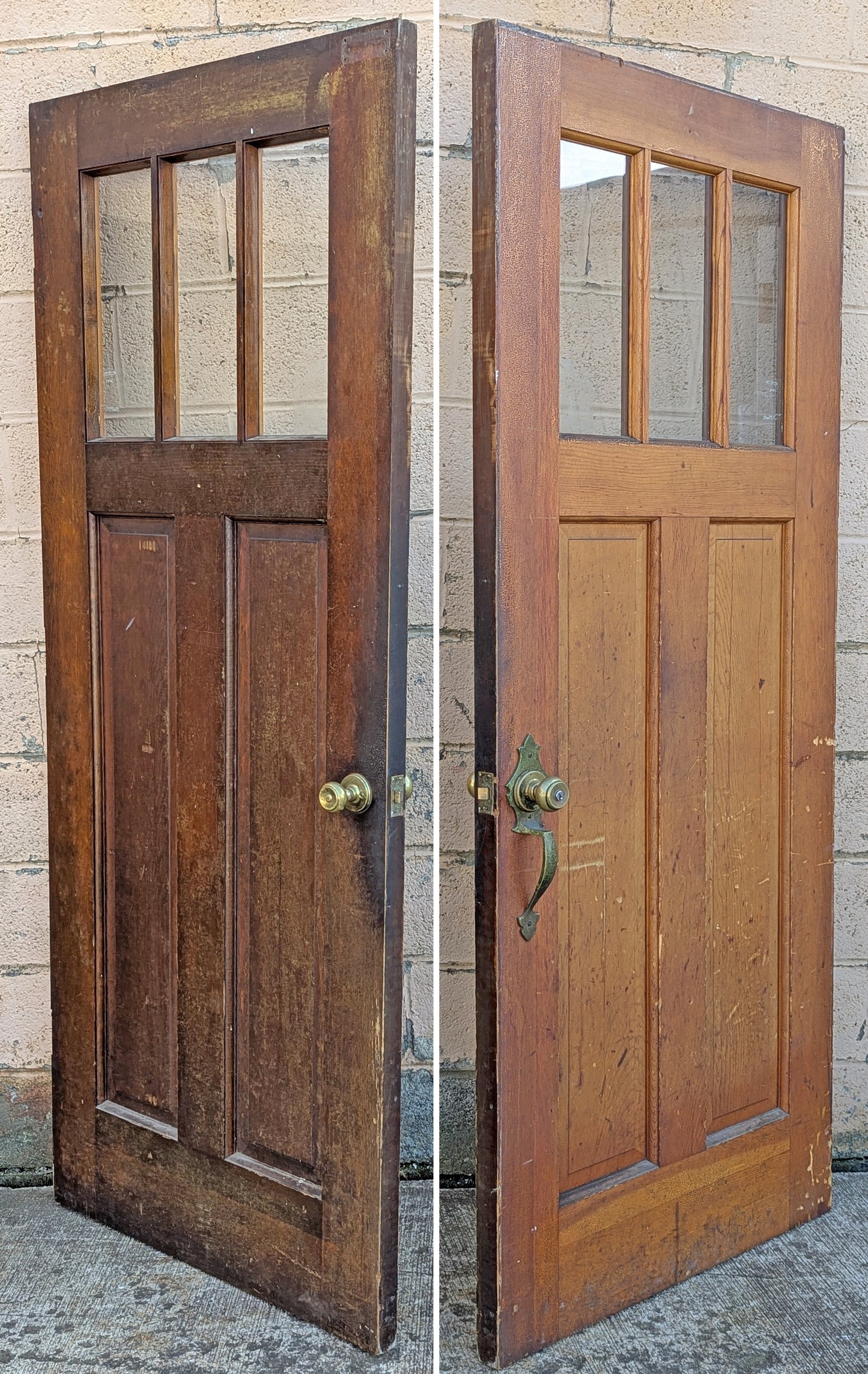 32"x79"x1.75" Vintage Antique Old Reclaimed Salvaged SOLID Wood Wooden Exterior Front Entry French Door 3 Windows Glass 2 Raised Panels