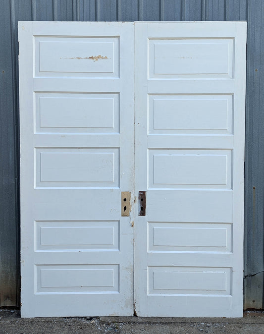 Pair 63"x82" Antique Vintage Old Reclaimed Salvaged Victorian SOLID Wood Wooden Interior Doors 5 Panels
