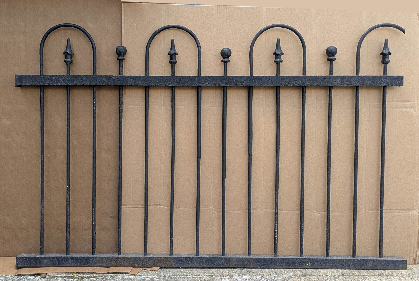 57"x36" Antique Vintage Old Reclaimed Salvaged Picket Spade Steeple Ball Finial Arch Iron Metal Fence Fencing Panel Section Garden