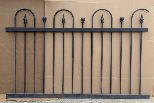 57"x36" Antique Vintage Old Reclaimed Salvaged Picket Spade Steeple Ball Finial Arch Iron Metal Fence Fencing Panel Section Garden