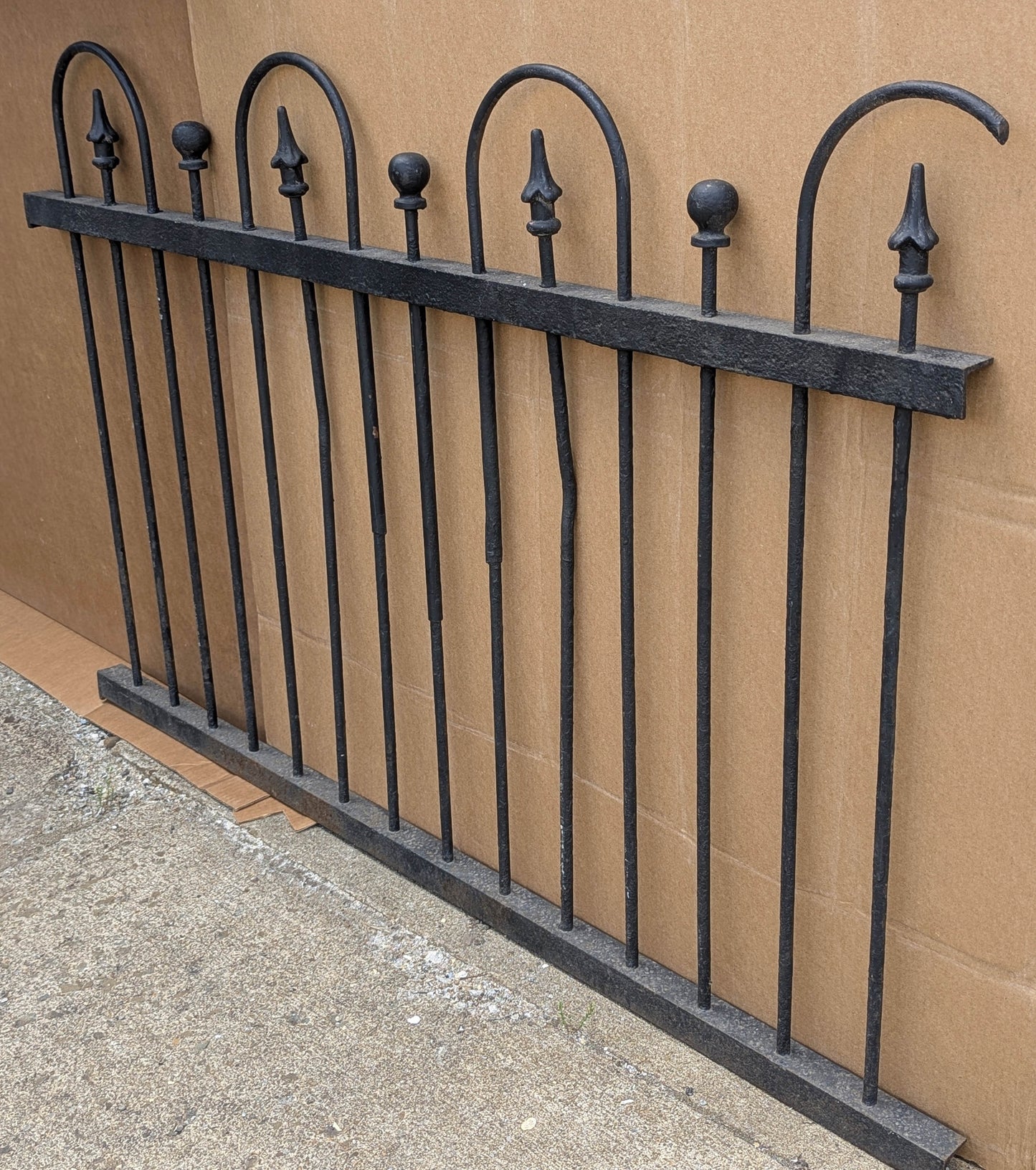 57"x36" Antique Vintage Old Reclaimed Salvaged Picket Spade Steeple Ball Finial Arch Iron Metal Fence Fencing Panel Section Garden