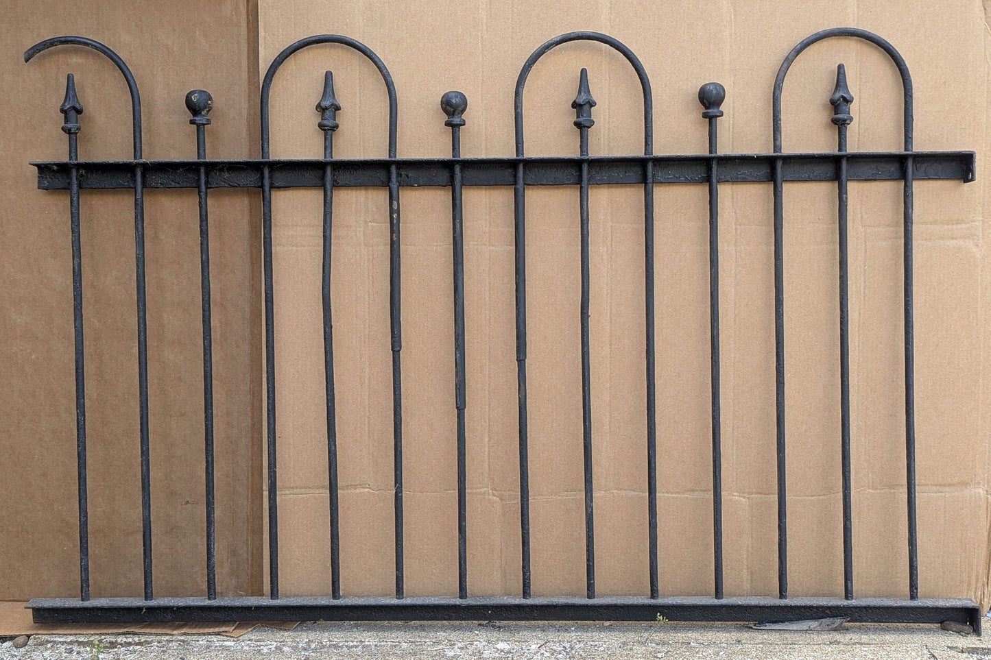 57"x36" Antique Vintage Old Reclaimed Salvaged Picket Spade Steeple Ball Finial Arch Iron Metal Fence Fencing Panel Section Garden