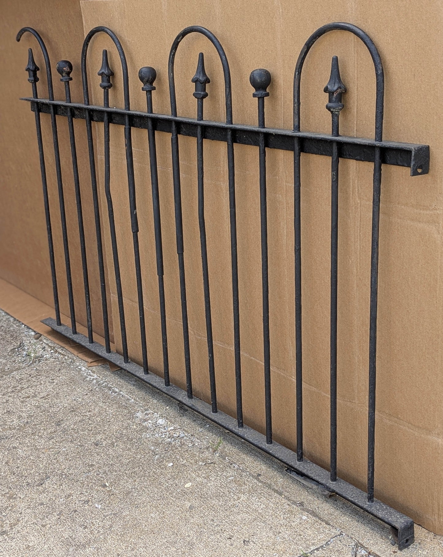 57"x36" Antique Vintage Old Reclaimed Salvaged Picket Spade Steeple Ball Finial Arch Iron Metal Fence Fencing Panel Section Garden