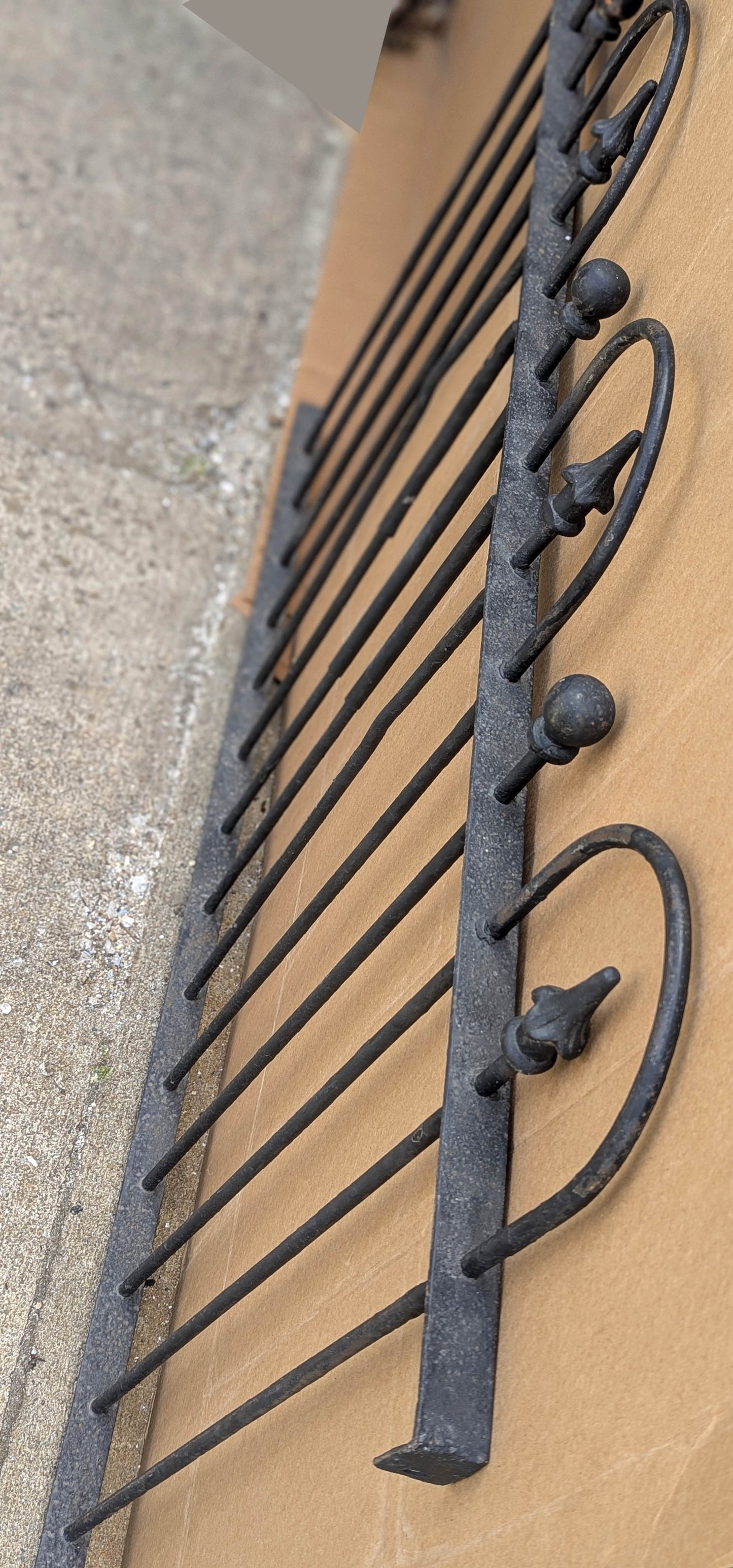 57"x36" Antique Vintage Old Reclaimed Salvaged Picket Spade Steeple Ball Finial Arch Iron Metal Fence Fencing Panel Section Garden