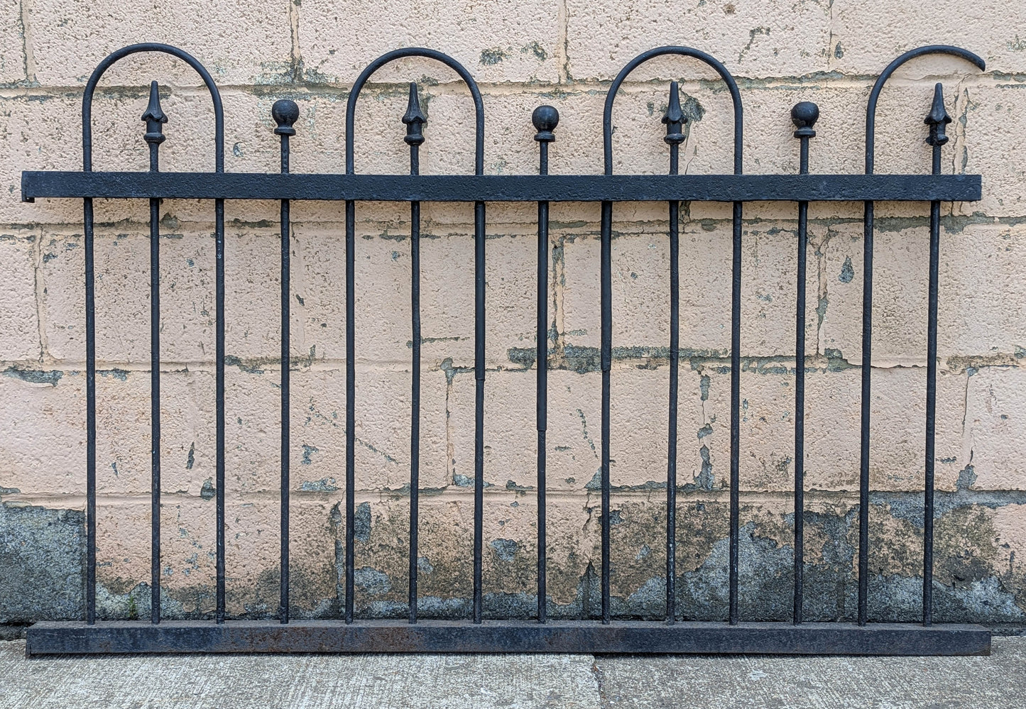 57"x36" Antique Vintage Old Reclaimed Salvaged Picket Spade Steeple Ball Finial Arch Iron Metal Fence Fencing Panel Section Garden