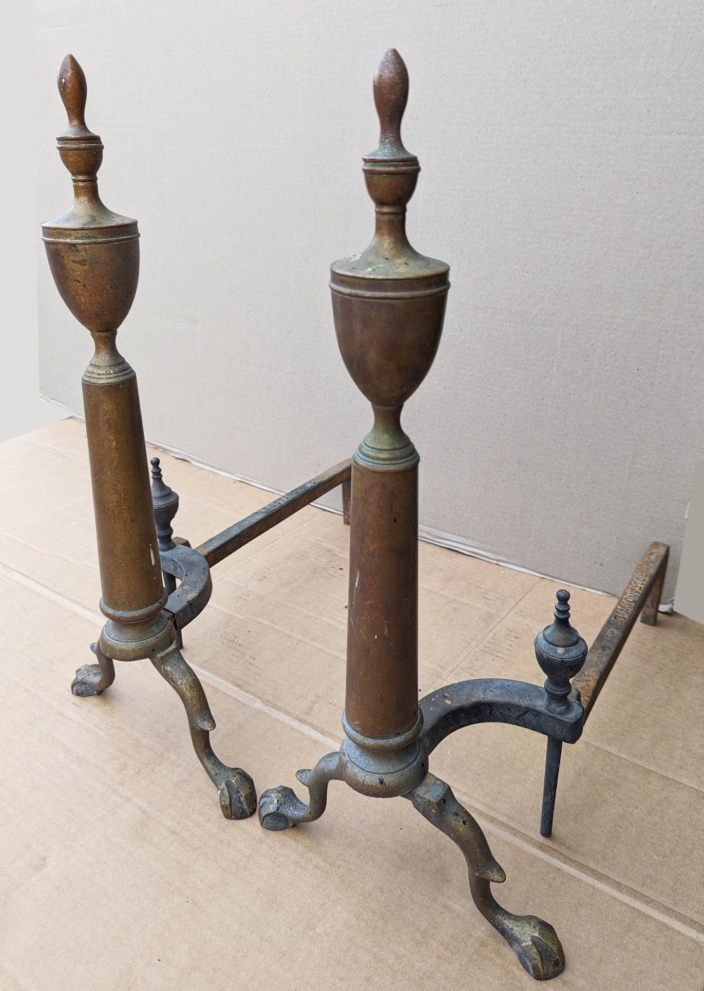 22"H Pair Antique Vintage Old "Rostland W L" Brass Cast Iron Federal Style Fireplace Andirons Firedogs Log Holders