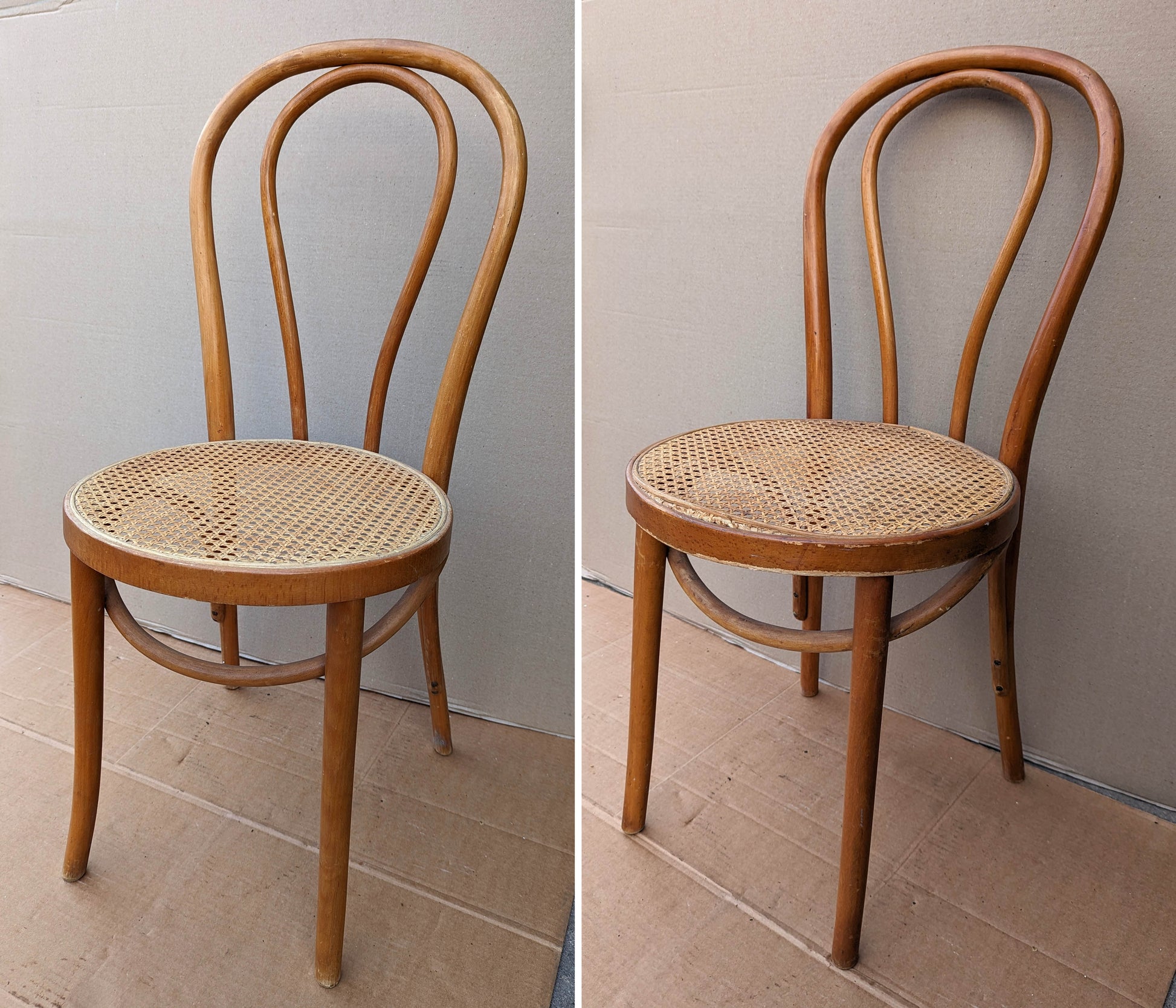 Pair Vintage Antique Old SOLID Bent Wood Wooden Side Dining Chair Round Caned Seat Made in Romania
