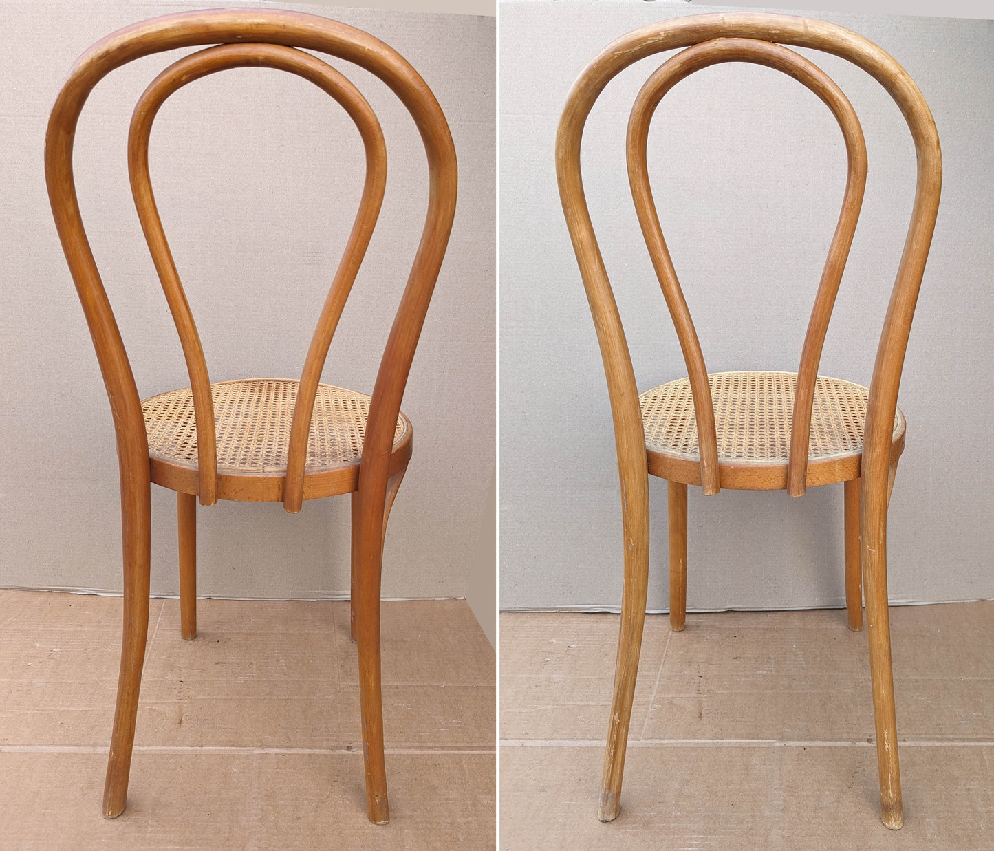 Pair Vintage Antique Old SOLID Bent Wood Wooden Side Dining Chair Round Caned Seat Made in Romania