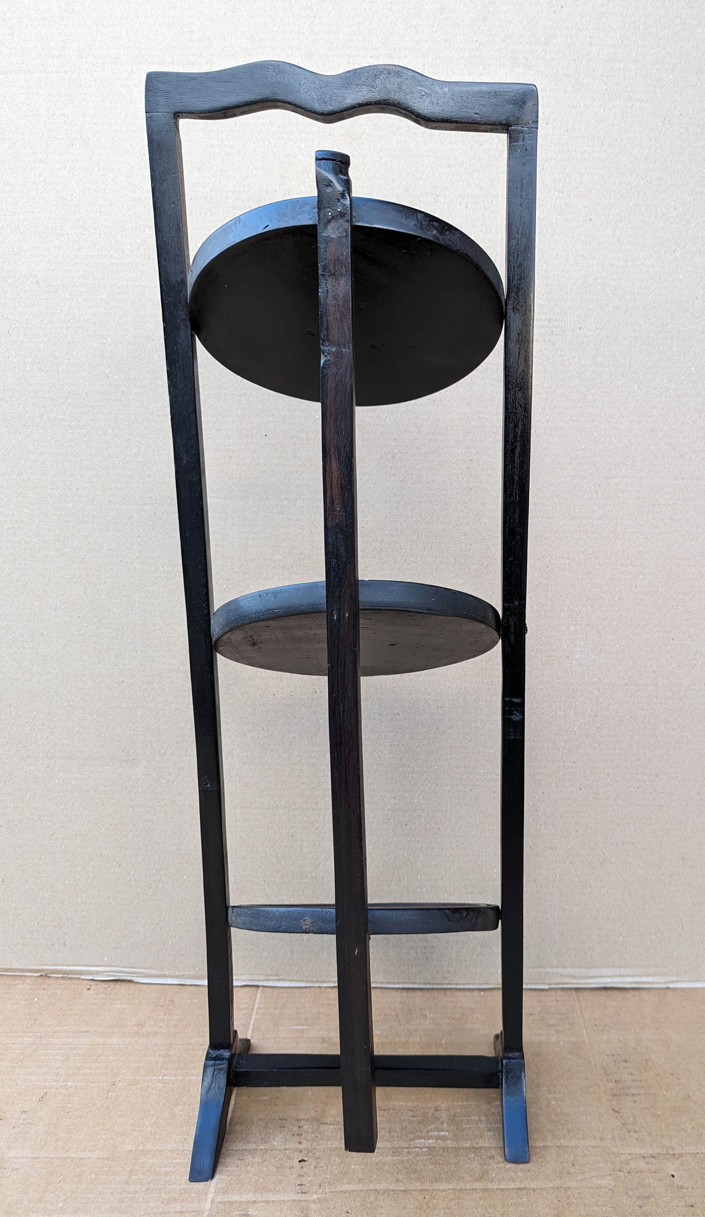 31"H Vintage Old Mahogany Wood Wooden Floral Carved 3 Tier Collapsible Freestanding Shelf Round Disc Circular Shelves Shelving Plant Stand