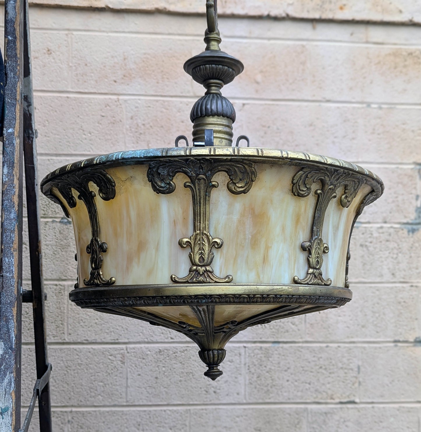 21" Round Antique Vintage Old Solid Brass Stained Slag Glass Hanging Ceiling Lamp Light Fixture Chandelier Church