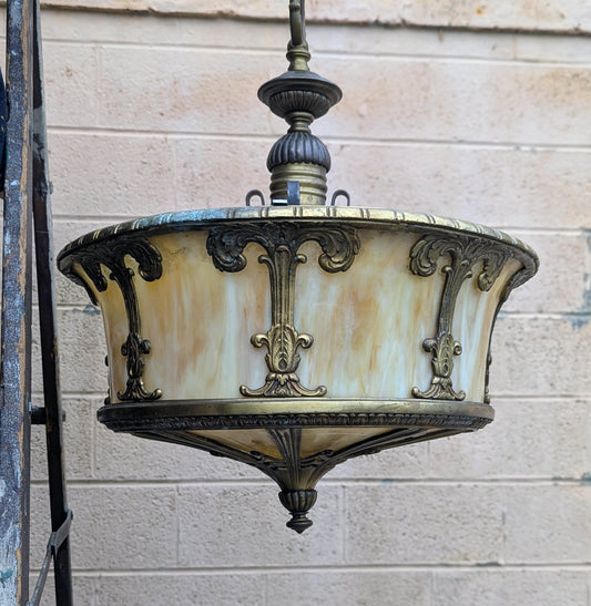 21" Round Antique Vintage Old Solid Brass Stained Slag Glass Hanging Ceiling Lamp Light Fixture Chandelier Church