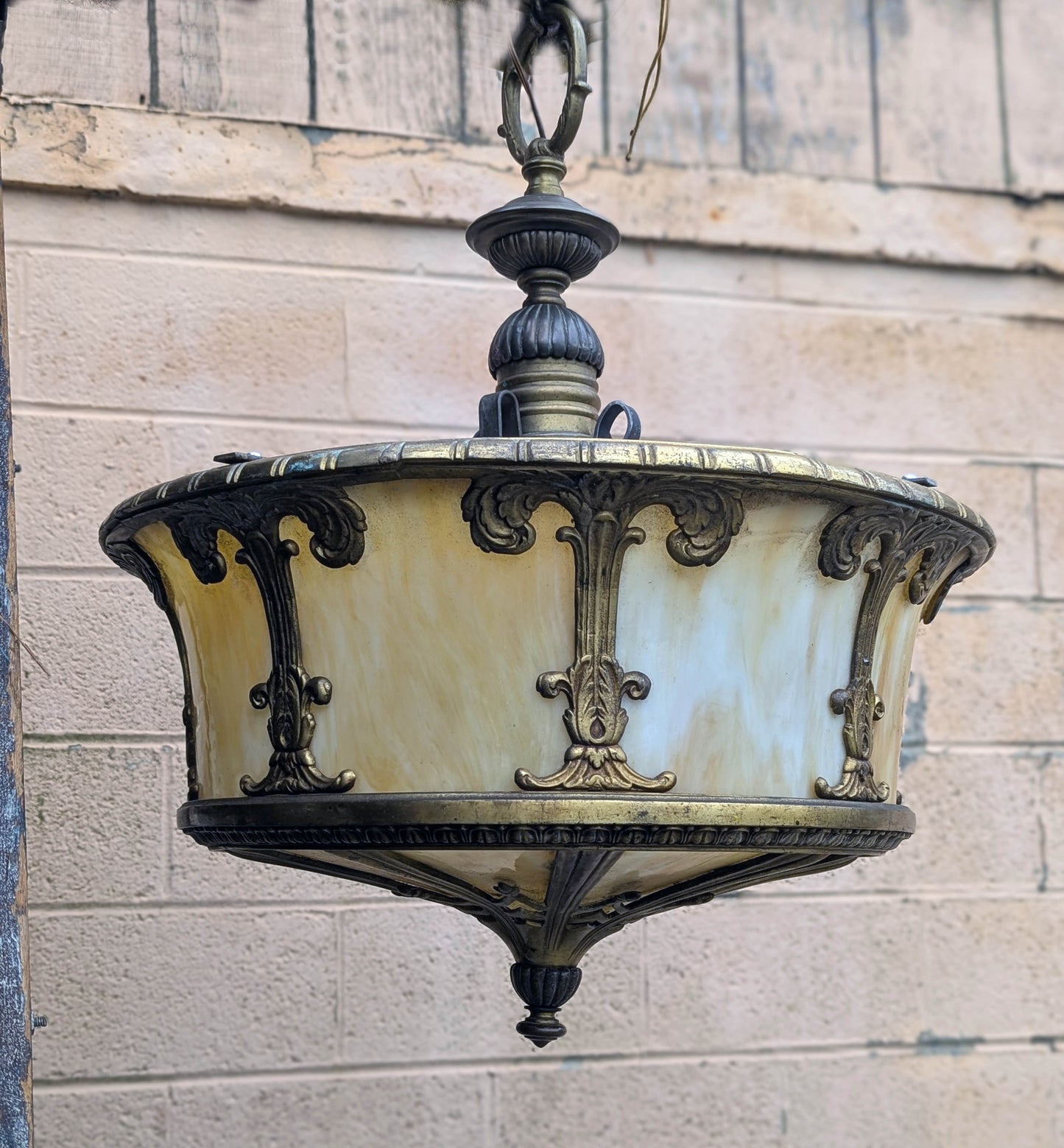 21" Round Antique Vintage Old Solid Brass Stained Slag Glass Hanging Ceiling Lamp Light Fixture Chandelier Church